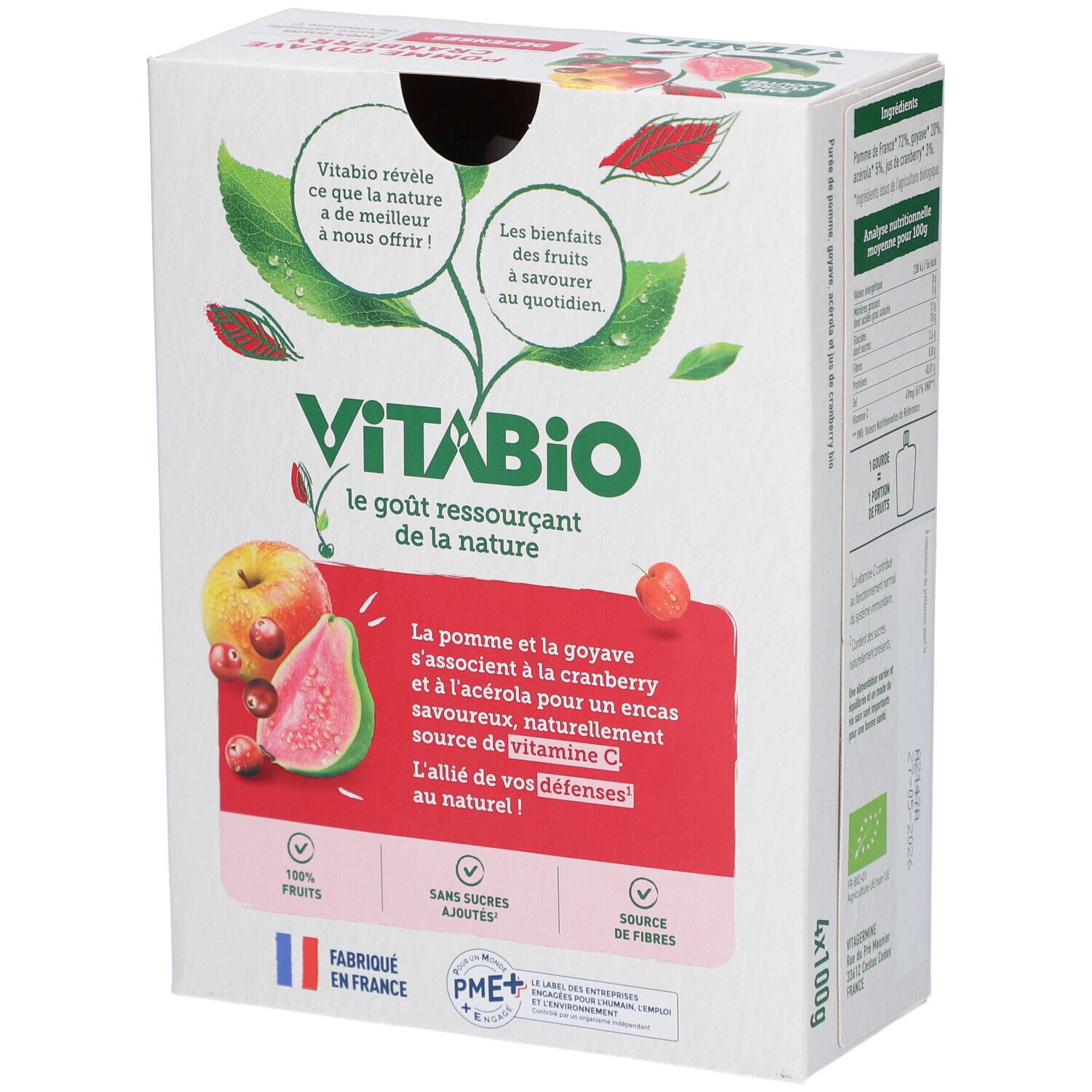 Boîte de VITABIO Pomme Goyave Cranberry. Illustration de pomme, goyave et cranberry. 4 sachets.