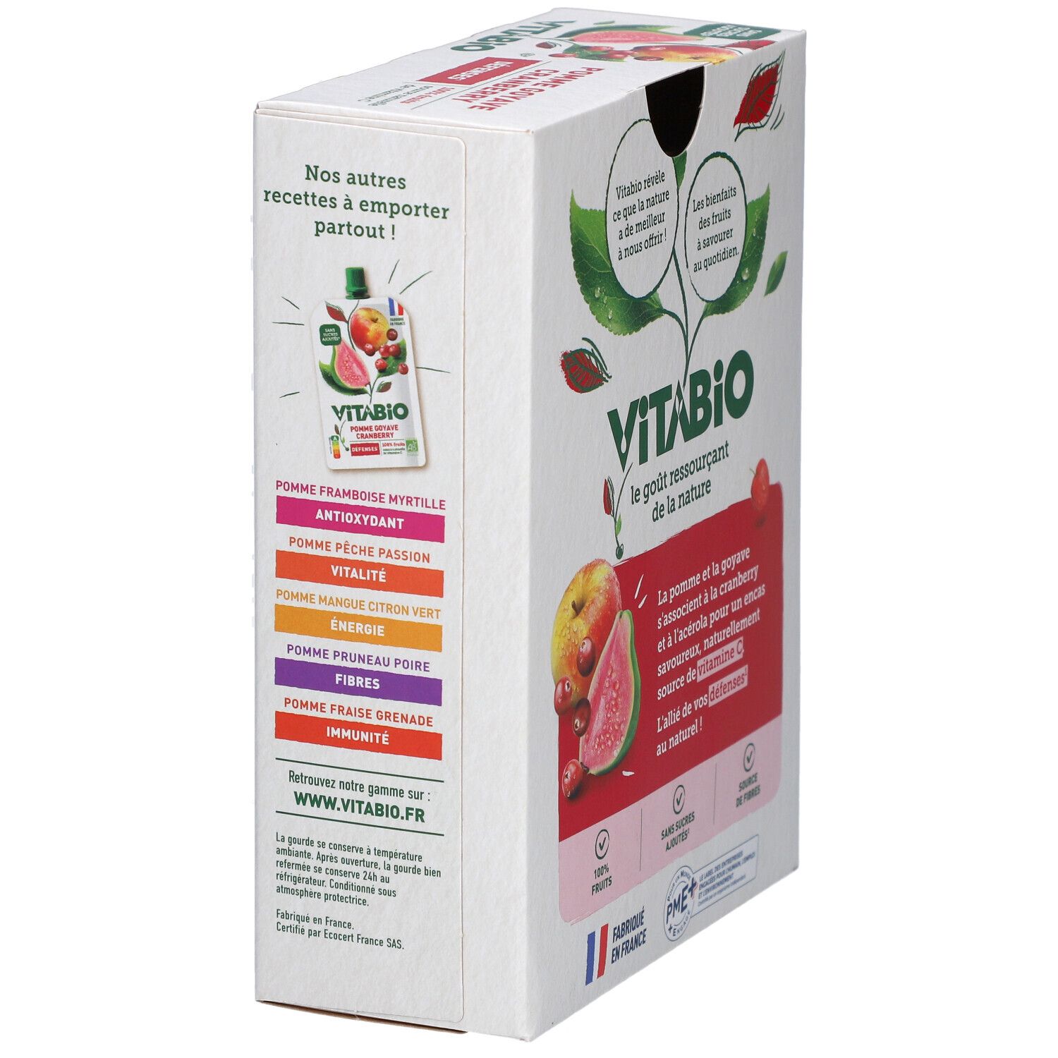 Boîte de VITABIO Pomme Goyave Cranberry. Dos avec illustrations de produits. 4 sachets.
