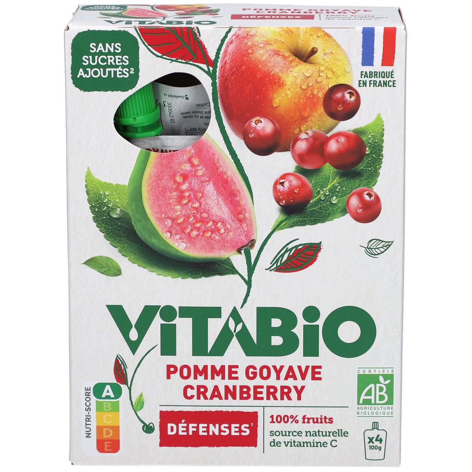 Boîte de VITABIO Pomme Goyave Cranberry. Illustration de pomme, goyave et cranberry. Contient 4 sachets.