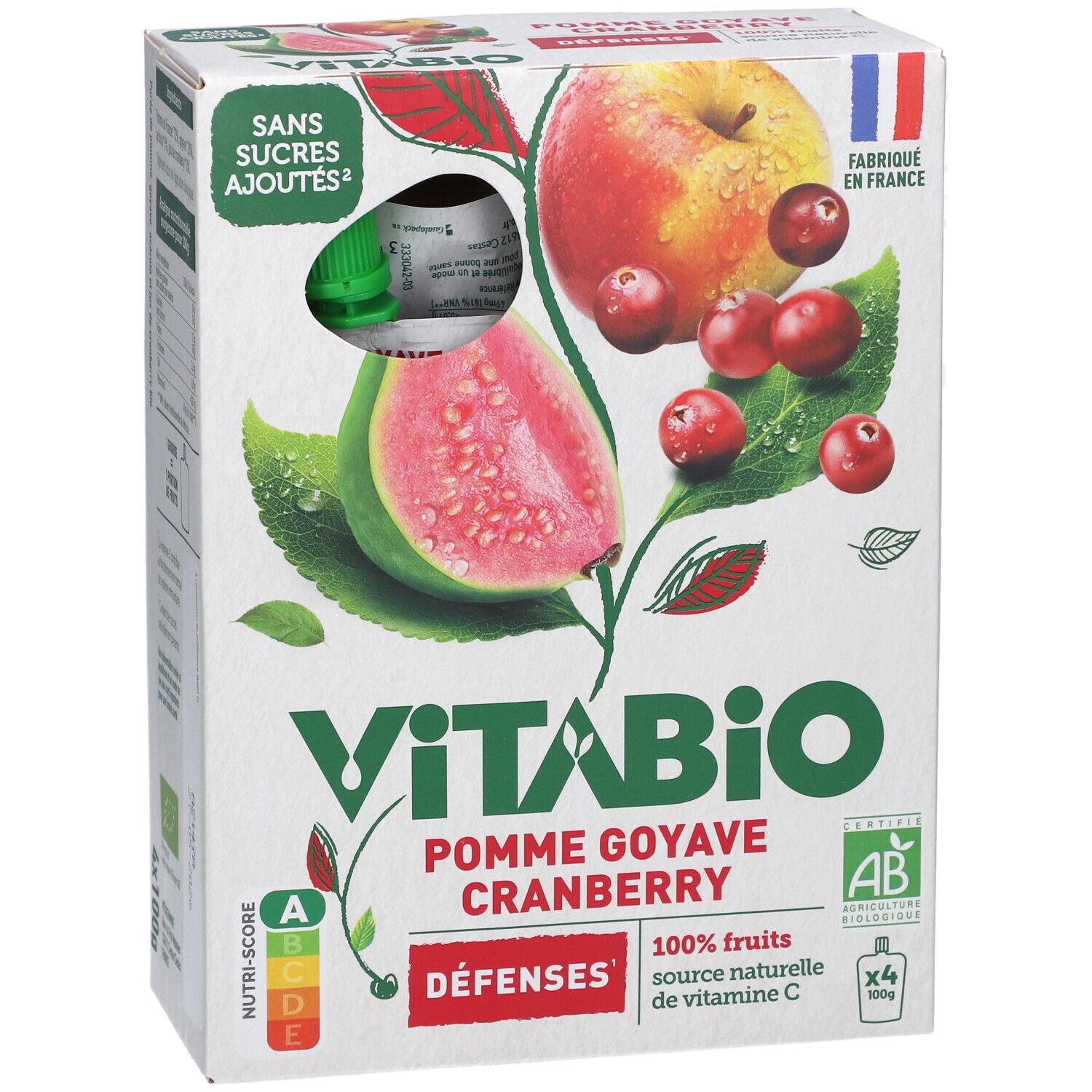 Boîte de VITABIO Pomme Goyave Cranberry. Illustration de pomme, goyave et cranberry. Contient 4 sachets.