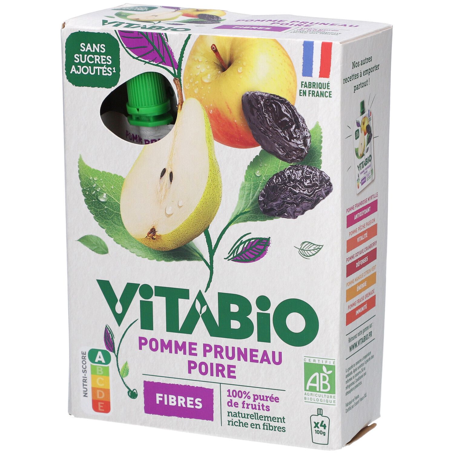 Boîte VITABIO Pomme Pruneau Poire. Illustration de pomme, prune et poire. Certification AB et drapeau français.