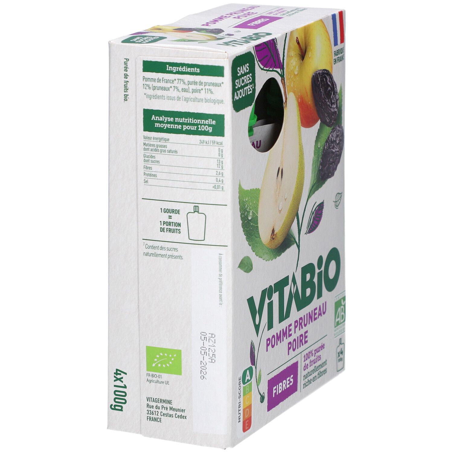 Boîte VITABIO Pomme Pruneau Poire. Liste des ingrédients et analyse nutritionnelle. Certification AB.