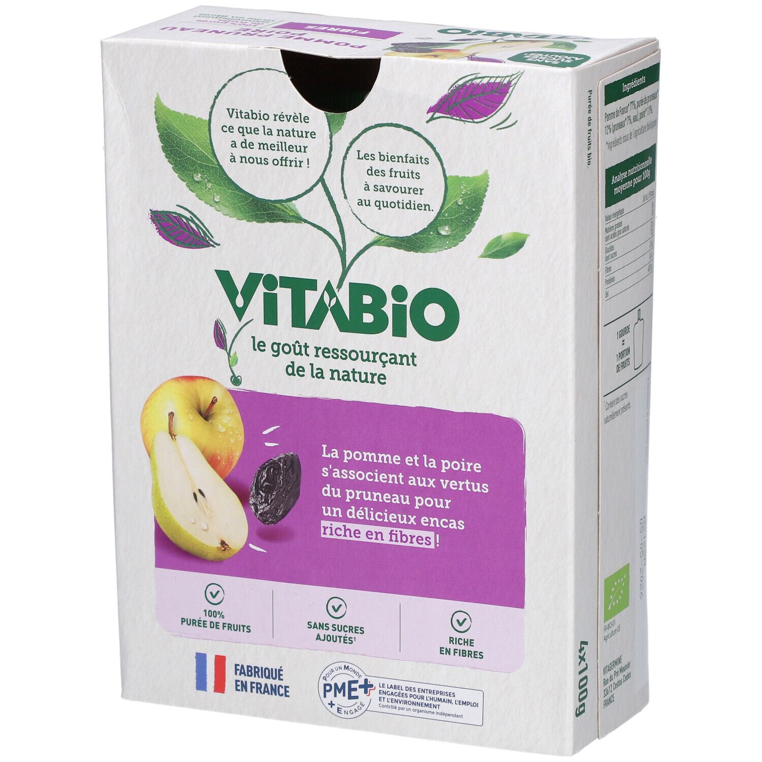 Boîte VITABIO Pomme Pruneau Poire. Illustration de pomme, prune et poire. Drapeau français.