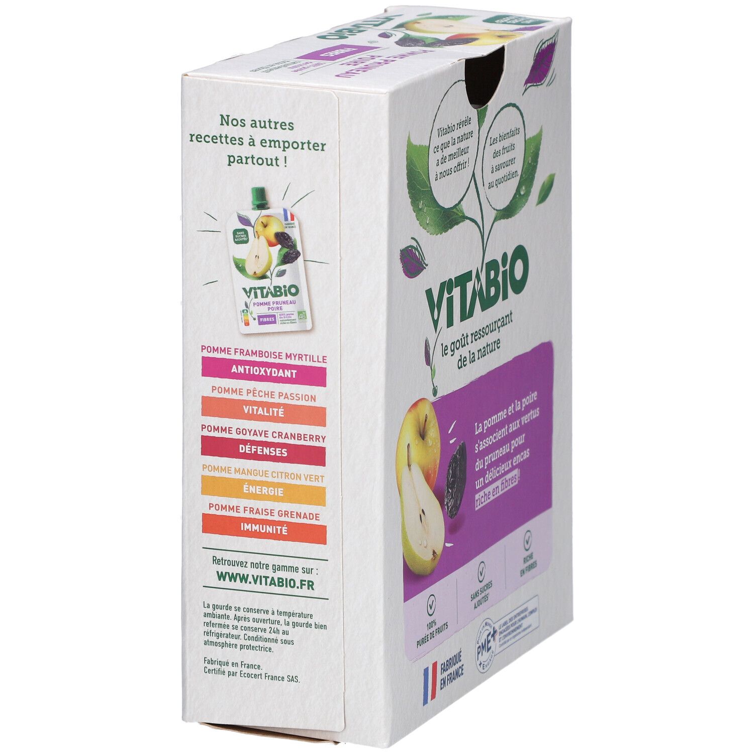 Boîte VITABIO Pomme Pruneau Poire. Illustration de pomme, prune et poire. Avec variantes de produits.