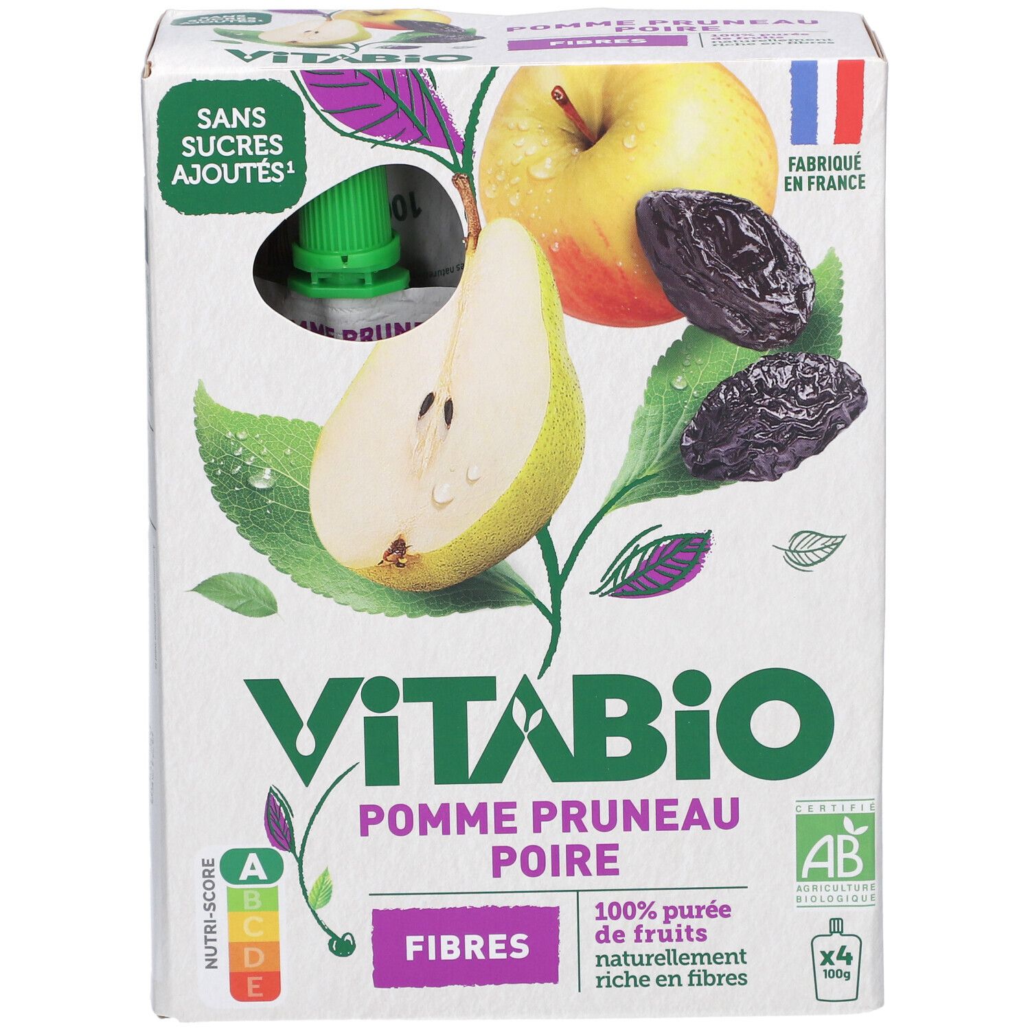 Boîte VITABIO Pomme Pruneau Poire. Illustration de pomme, prune et poire. Certification AB et drapeau français.