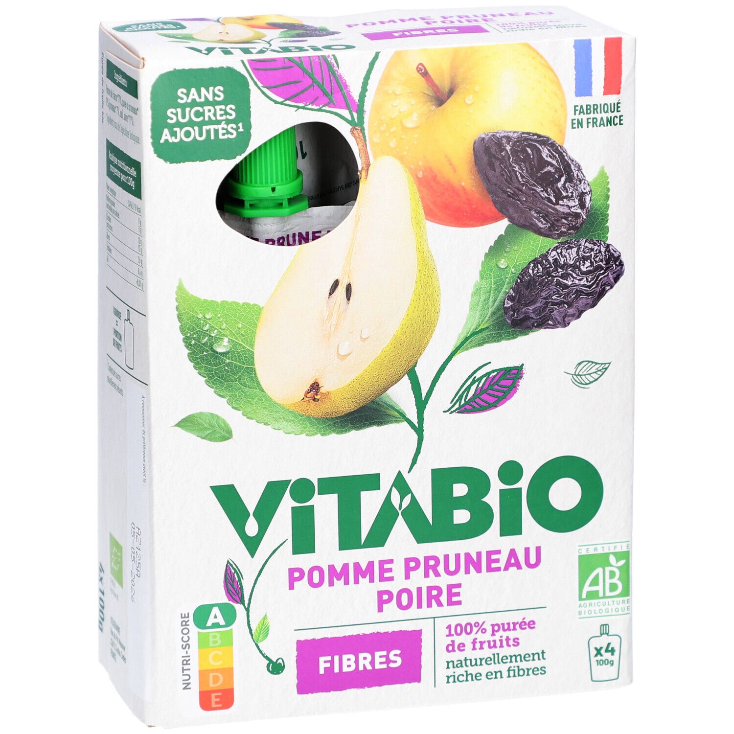 Boîte VITABIO Pomme Pruneau Poire. Illustration de pomme, prune et poire. Certification AB et drapeau français.