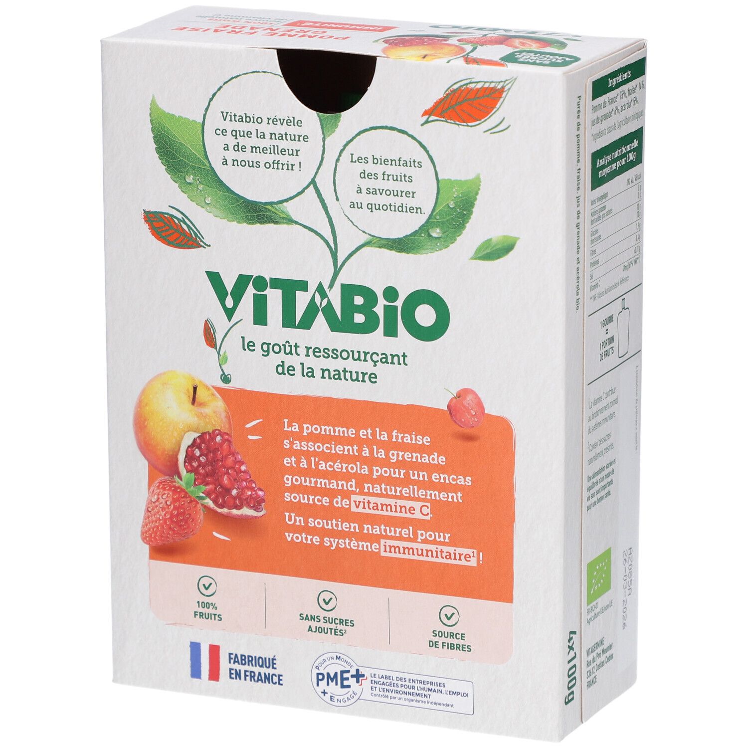 Boîte VITABIO Gourdes de Fruits Pomme Fraise Grenade. Texte: 'le goût ressourçant de la nature'. Drapeau français et label AB.