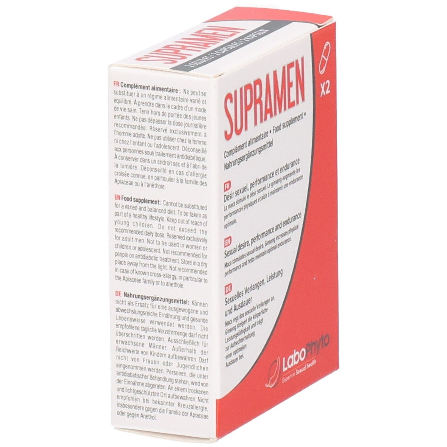 Boîte blanche avec couvercle rouge. Inscription SUPRAMEN. Complément alimentaire. Logo LaboPhyto.