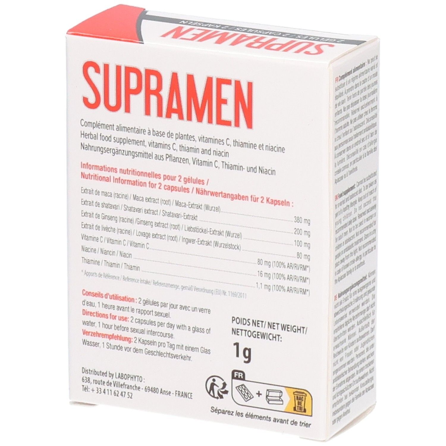 Boîte blanche avec SUPRAMEN. Complément alimentaire. Informations nutritionnelles et mode d'emploi.