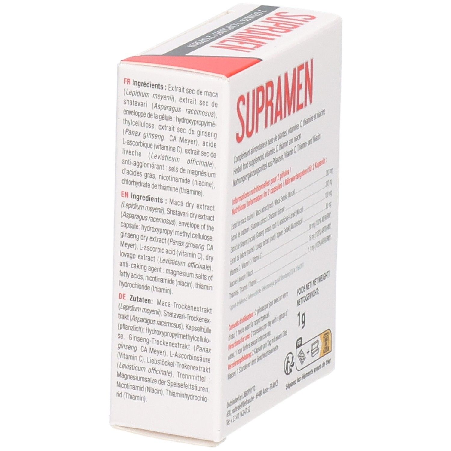 Boîte blanche avec SUPRAMEN. Liste des ingrédients et informations nutritionnelles. Poids net 1g.