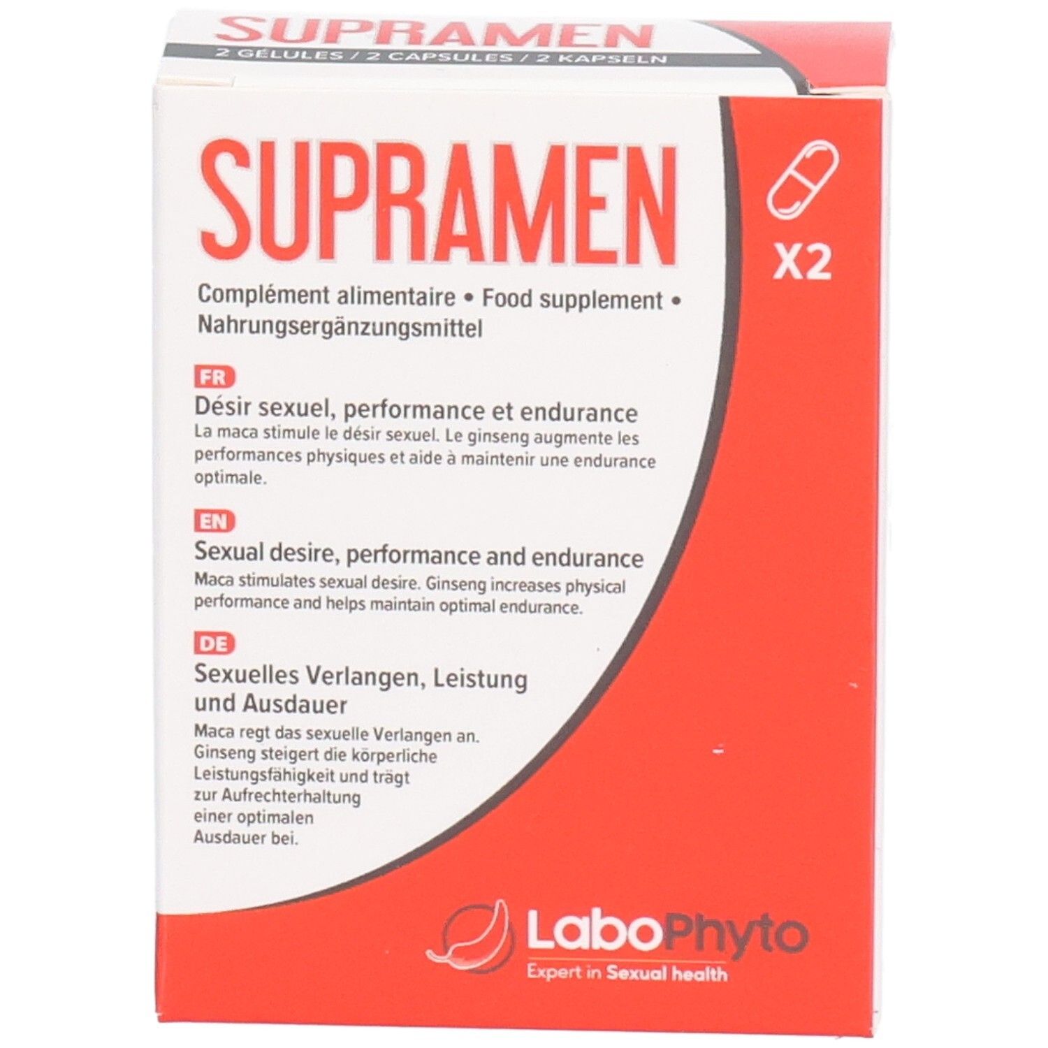 Boîte rouge et blanche avec SUPRAMEN. Complément alimentaire. Logo LaboPhyto en bas.