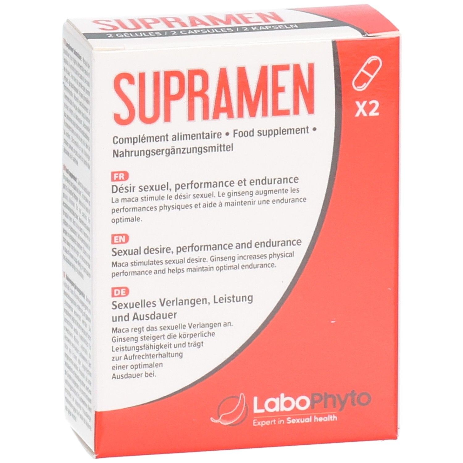 Boîte rouge et blanche avec SUPRAMEN. Complément alimentaire. Logo LaboPhyto en bas.