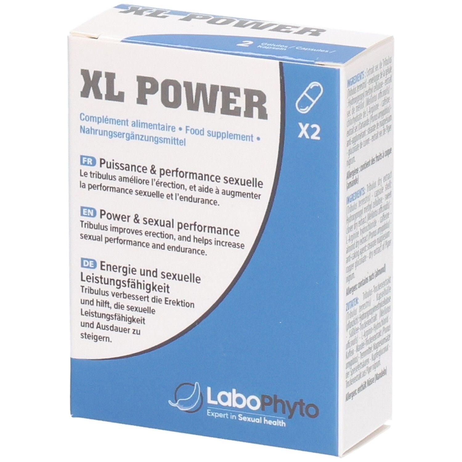 Boîte XL POWER, complément alimentaire. Contient 2 gélules. Textes en français, anglais et allemand. Logo LaboPhyto.