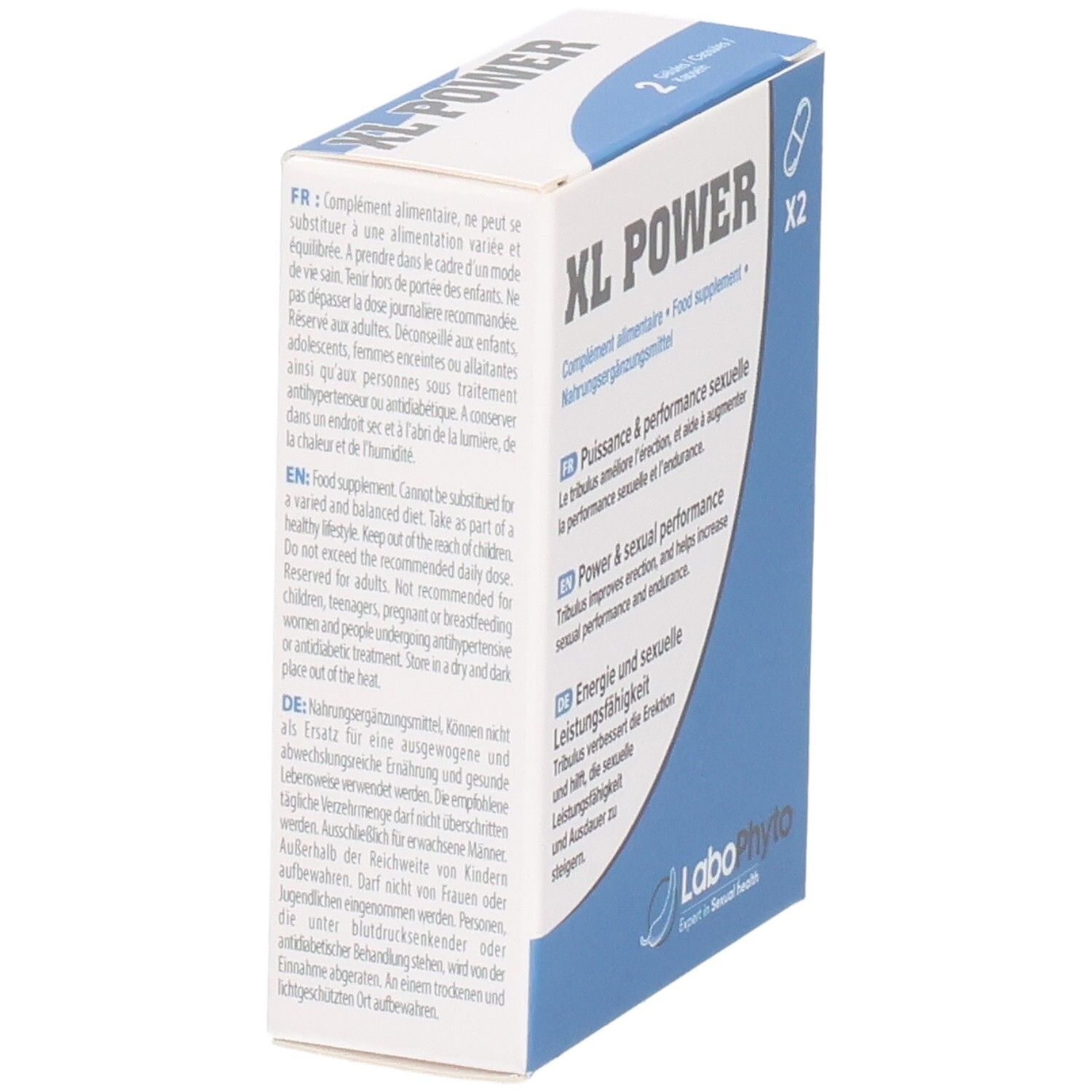 Boîte XL POWER, complément alimentaire. Textes en français, anglais et allemand. Logo LaboPhyto. Emballage bleu et blanc.