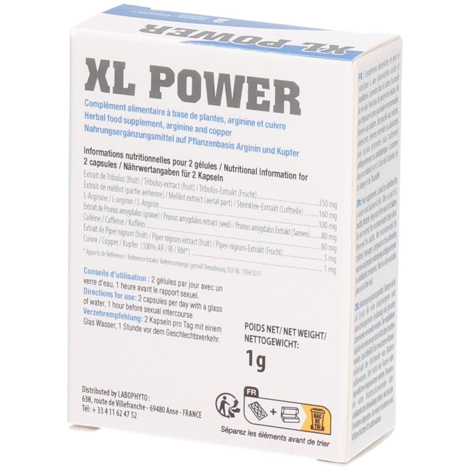 Boîte XL POWER, complément alimentaire. Ingrédients et informations nutritionnelles. Poids : 1g. Textes en français et allemand.