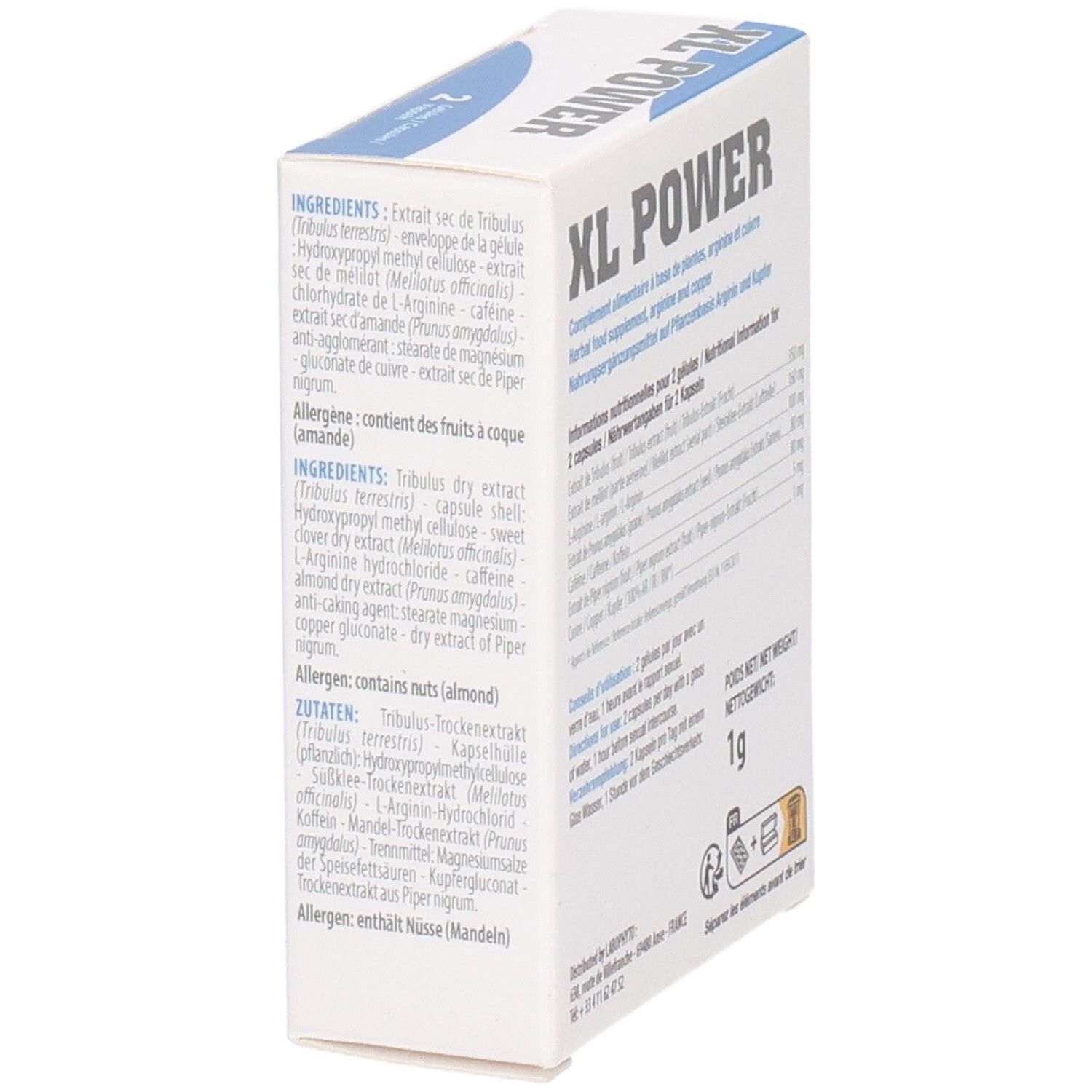 Boîte XL POWER, complément alimentaire. Ingrédients et allergènes. Poids : 1g. Textes en français et allemand.