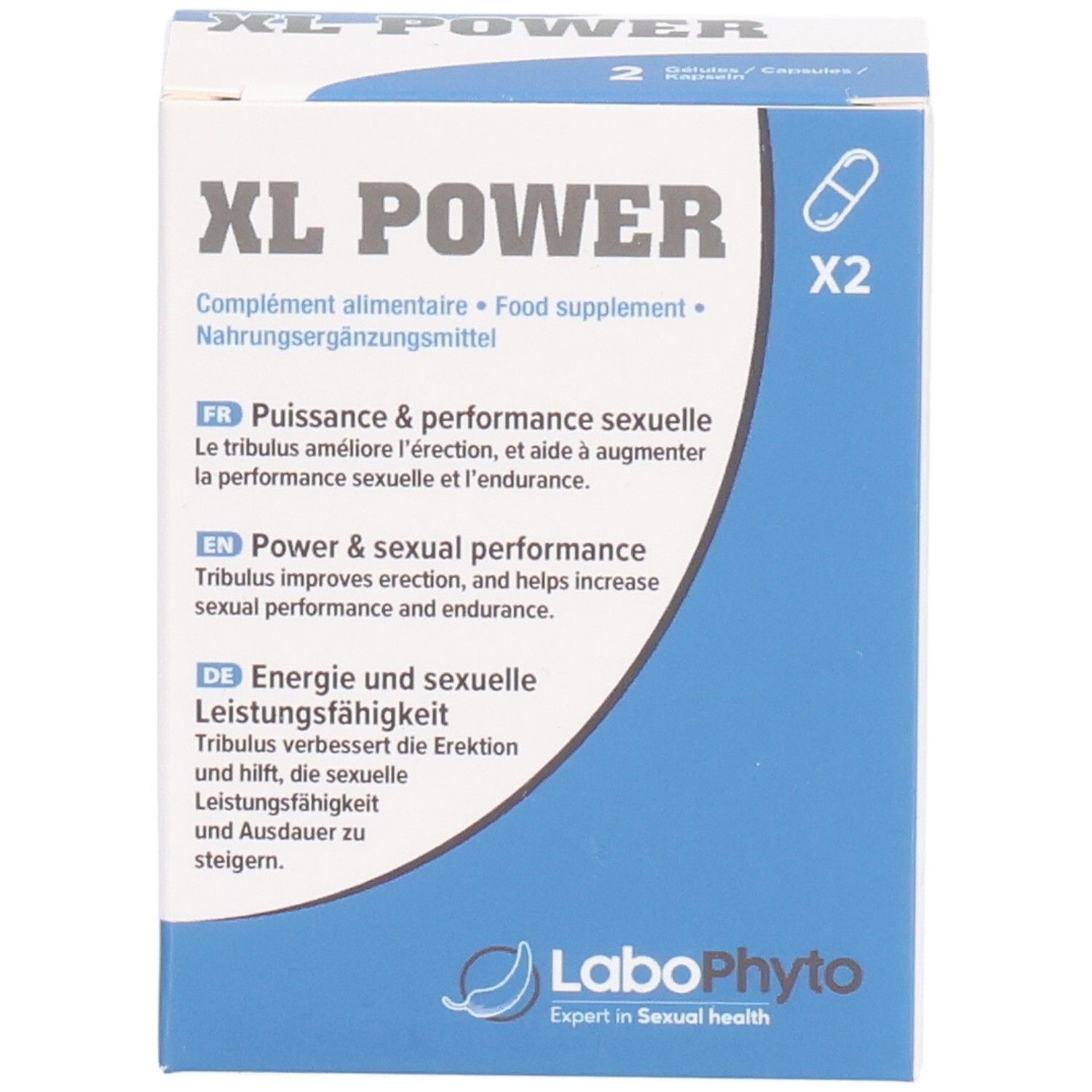 Boîte XL POWER, complément alimentaire. Contient 2 gélules. Textes en français, anglais et allemand. Logo LaboPhyto.