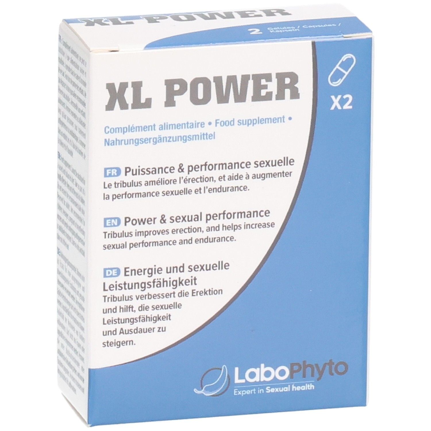 Boîte XL POWER, complément alimentaire. Contient 2 gélules. Textes en français, anglais et allemand. Logo LaboPhyto.