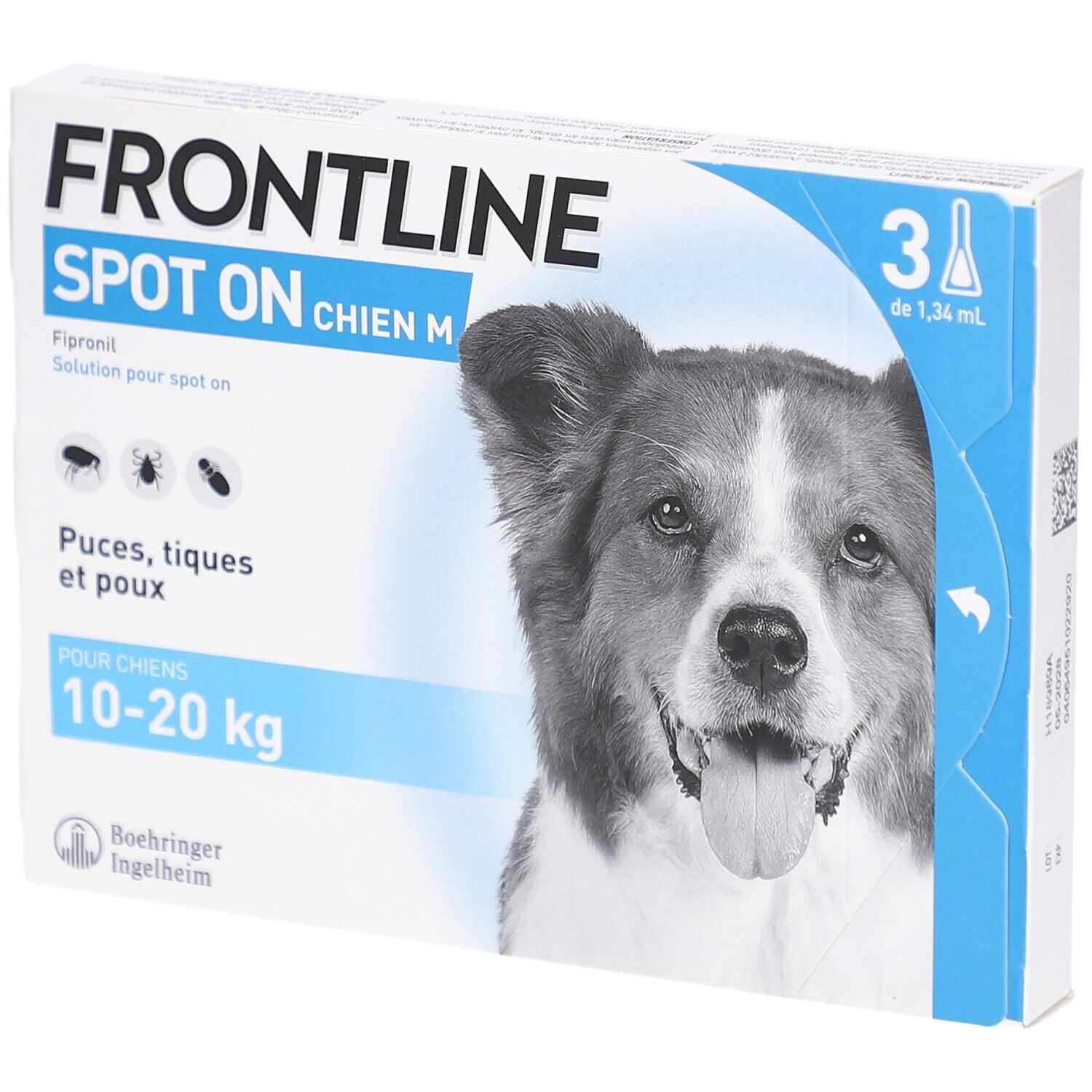 Boîte FRONTLINE SPOT ON CHIEN M. Contient 3 pipettes. Image d'un chien. Pour chiens 10-20 kg.