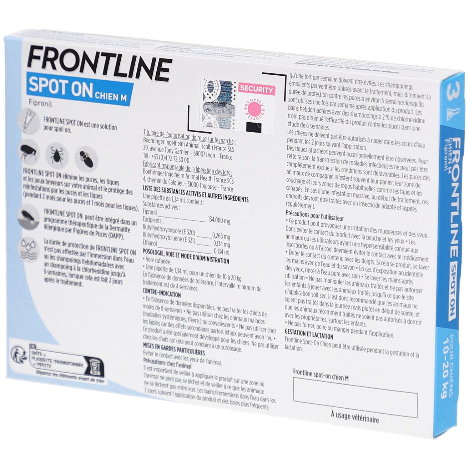 Dos de la boîte FRONTLINE SPOT ON CHIEN M. Informations textuelles et ingrédients. Pour chiens 10-20 kg.