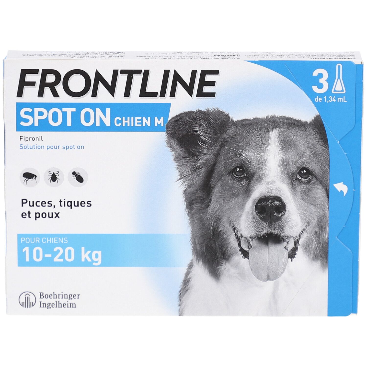 Boîte FRONTLINE SPOT ON CHIEN M. Contient 3 pipettes. Image d'un chien. Pour chiens 10-20 kg.
