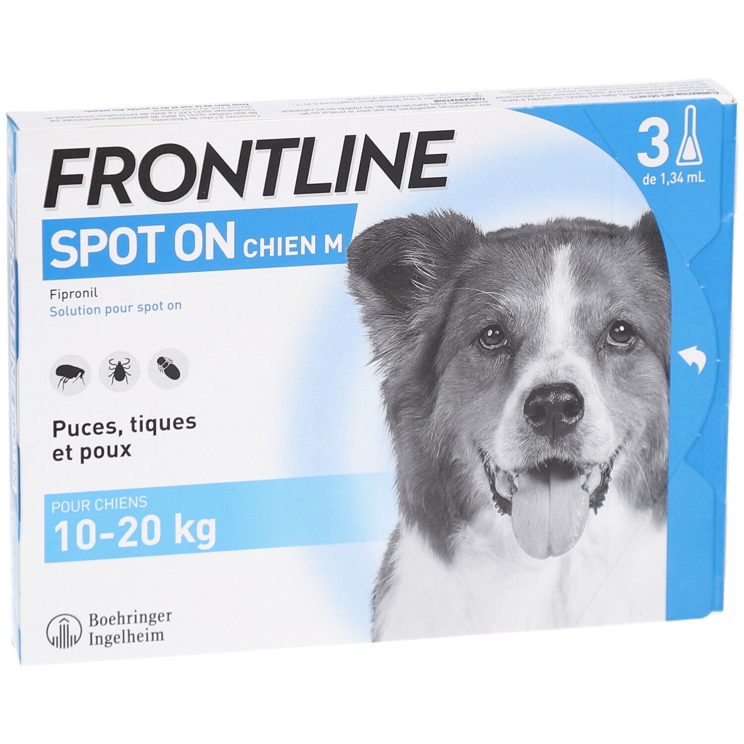 Boîte FRONTLINE SPOT ON CHIEN M. Contient 3 pipettes. Image d'un chien. Pour chiens 10-20 kg.