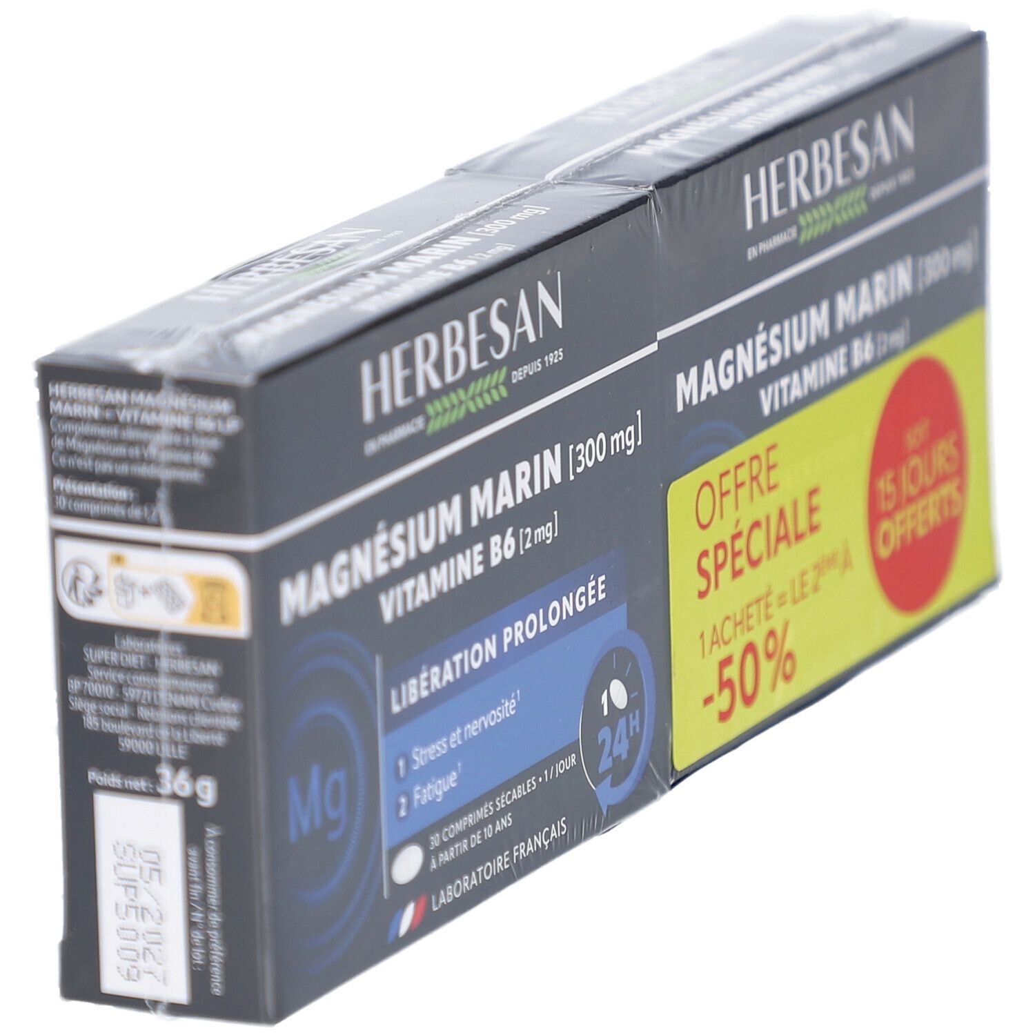 HERBESAN Magnésium Marin, Vitamine B6. Emballage noir avec informations produit et offre spéciale. 36g.