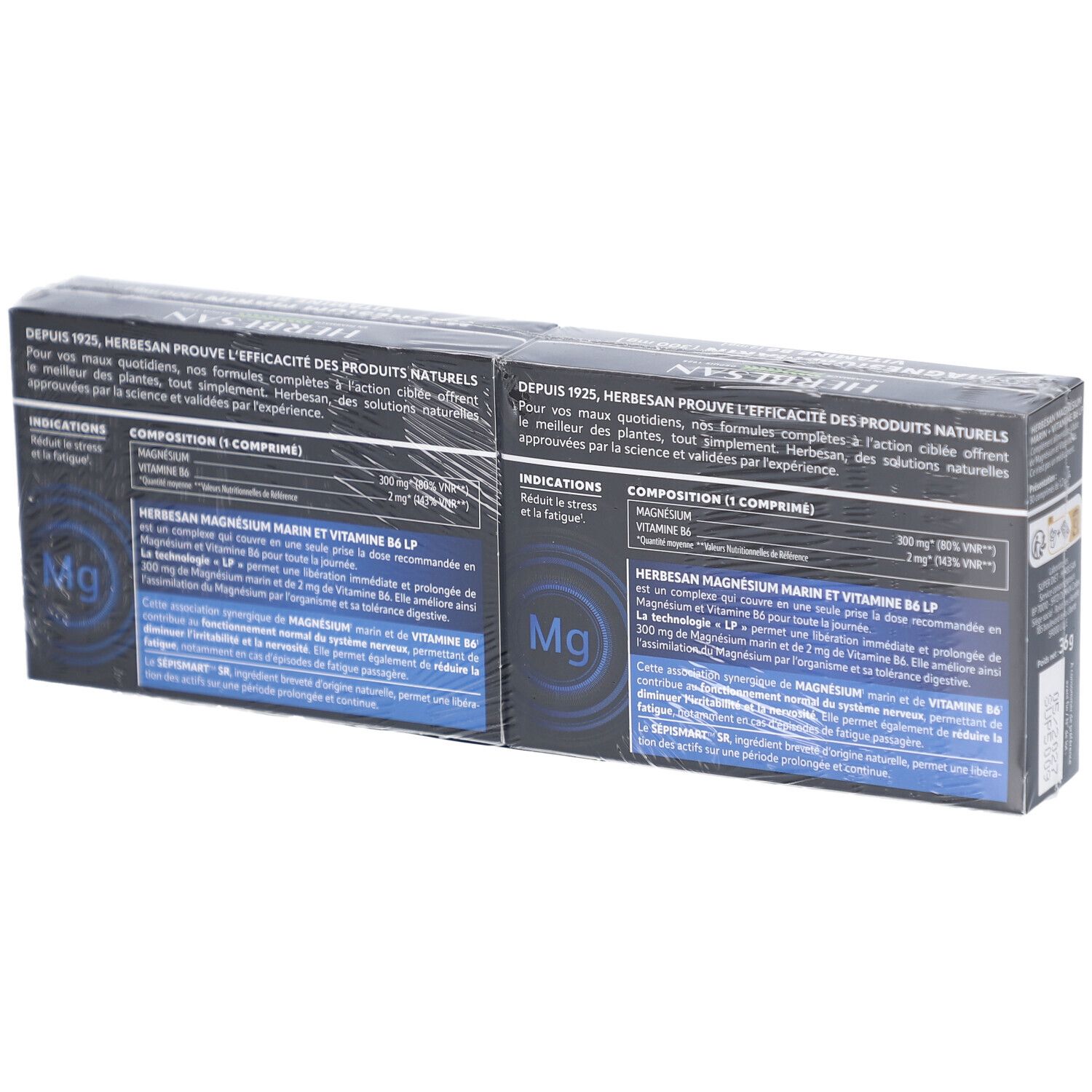 Dos de deux boîtes HERBESAN Magnésium Marin. Informations produit, ingrédients et instructions d'utilisation.