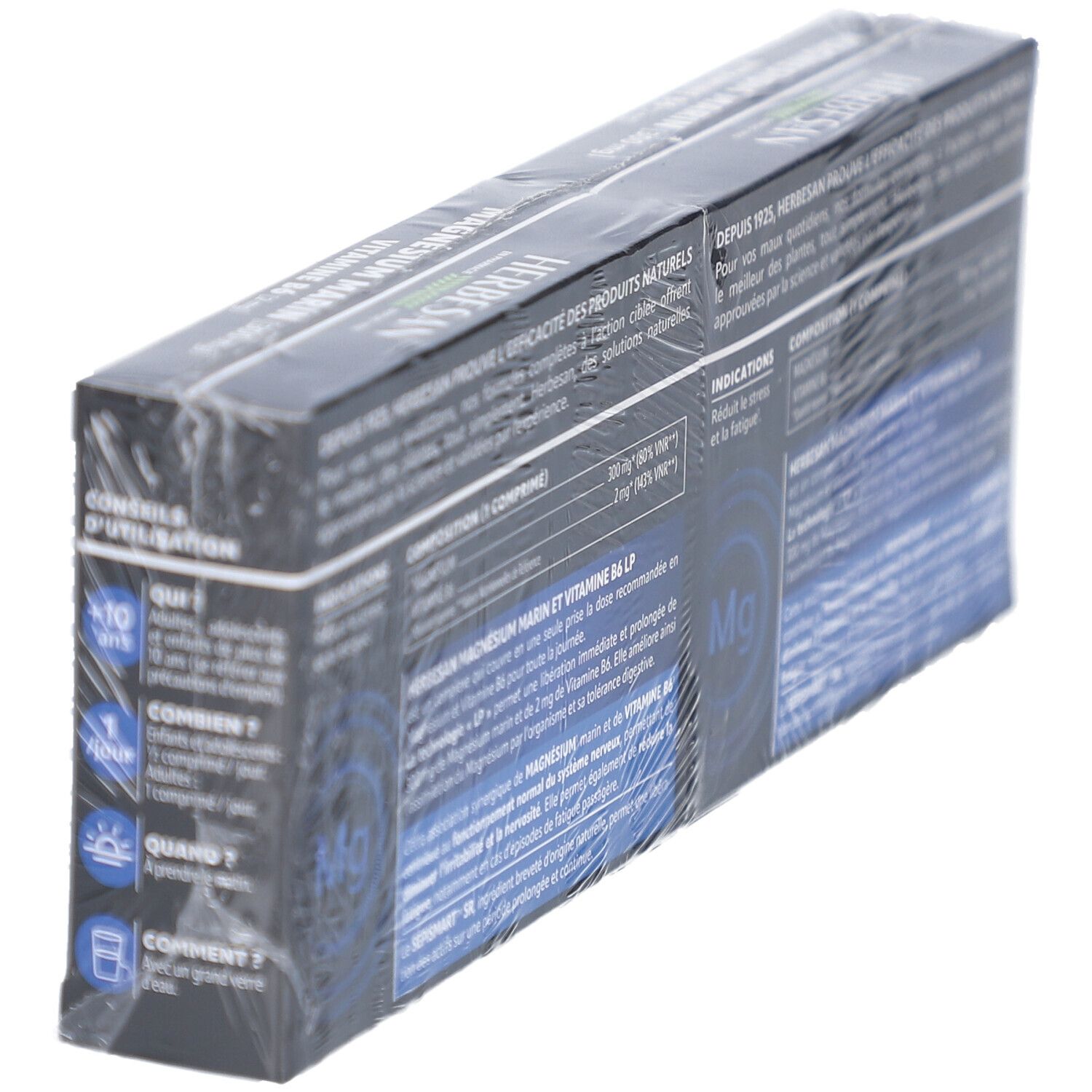 Dos de deux boîtes HERBESAN Magnésium Marin. Informations produit, ingrédients et instructions d'utilisation.