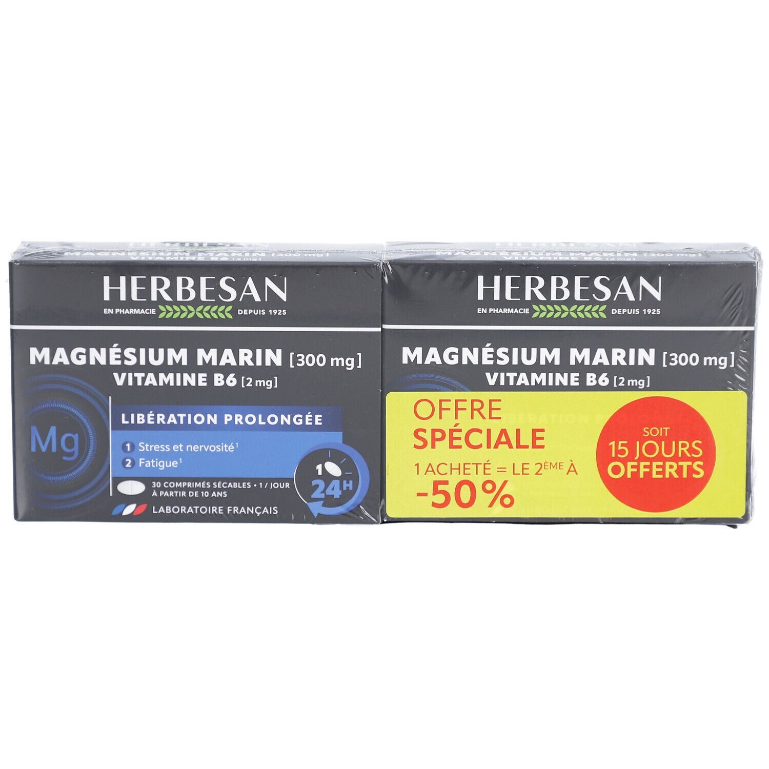 Deux boîtes de HERBESAN Magnésium Marin, Vitamine B6. Emballage noir avec informations produit et offre spéciale.