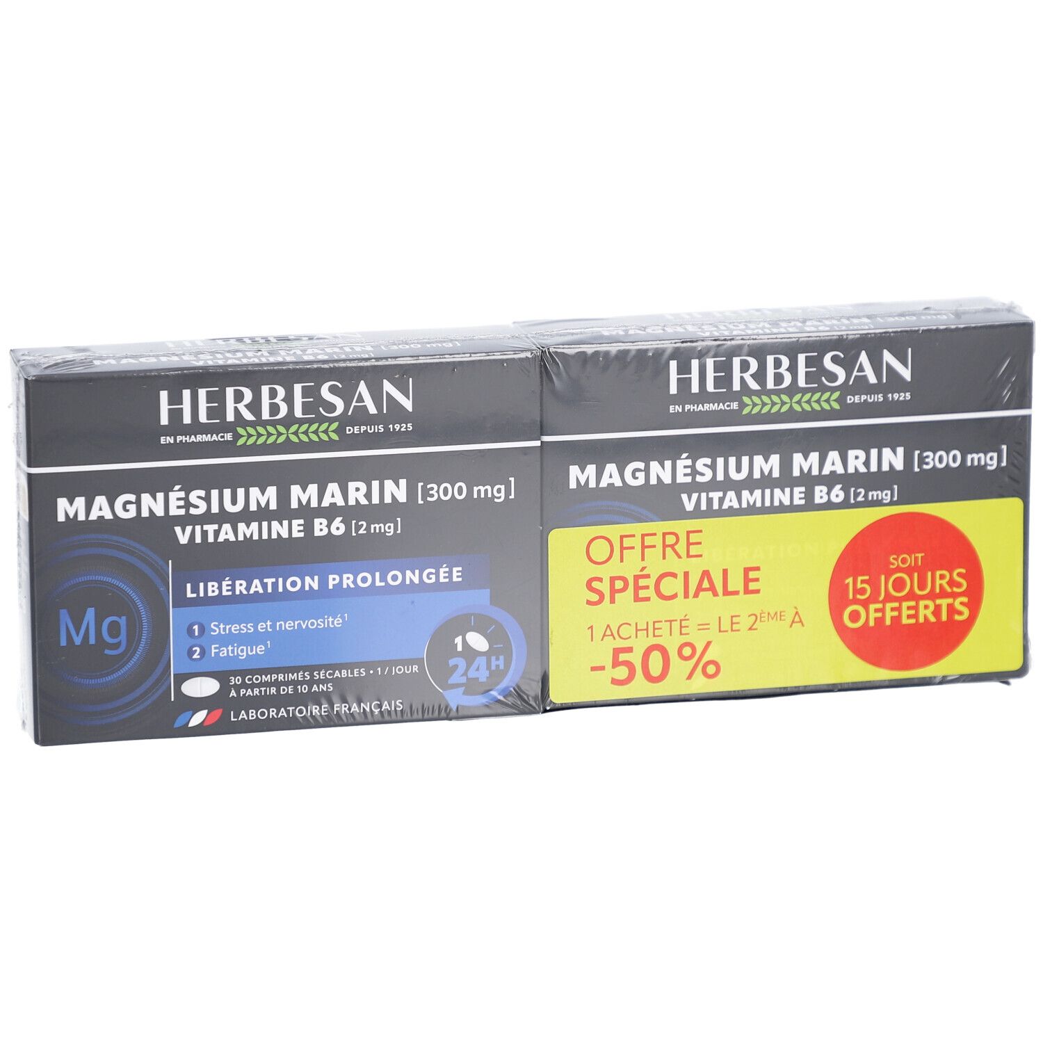 Deux boîtes de HERBESAN Magnésium Marin, Vitamine B6. Emballage noir avec informations produit et offre spéciale.