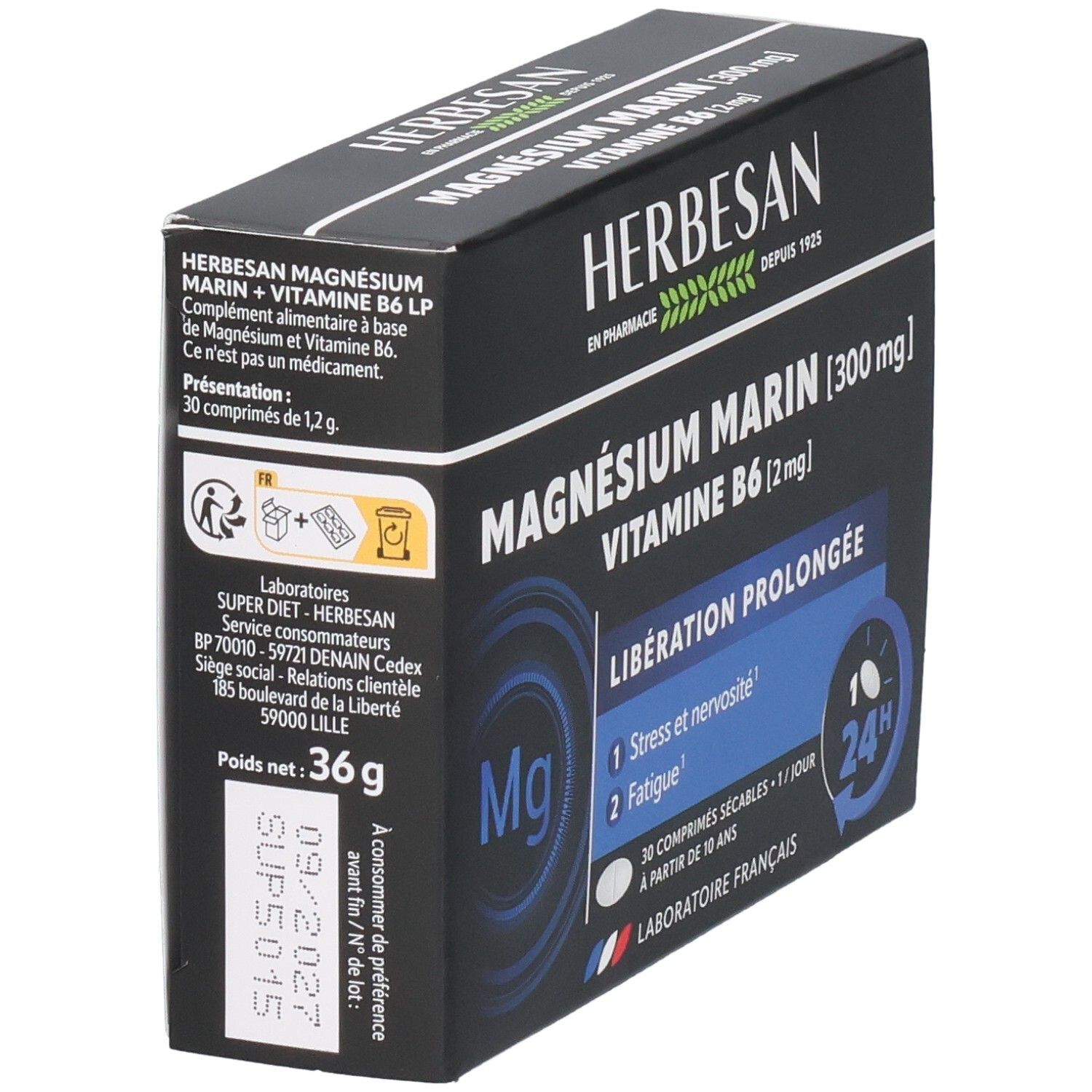 Vue latérale de la boîte Herbesan Magnésium Marin Vitamine B6, 30 comprimés, 36g.