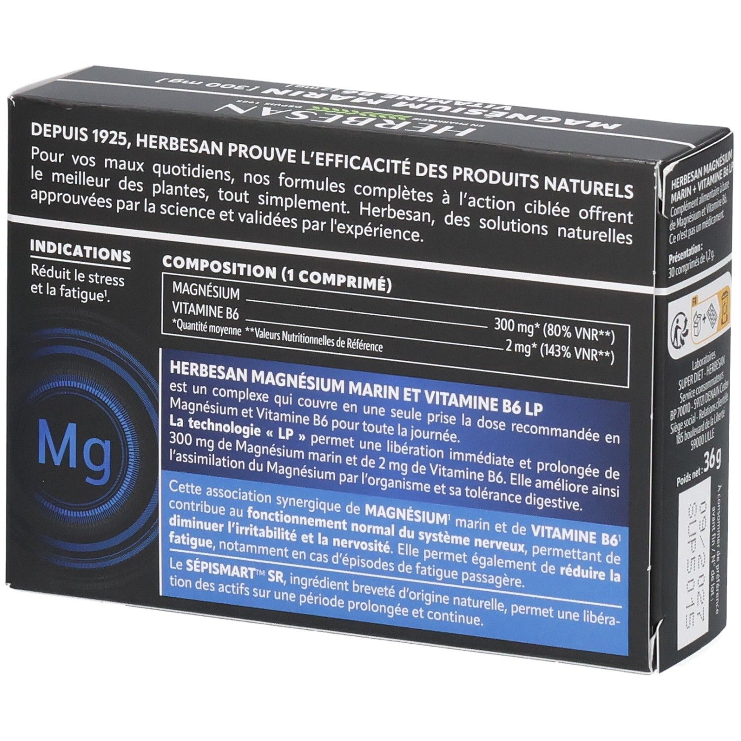 Arrière de la boîte Herbesan Magnésium Marin Vitamine B6, composition et indications.