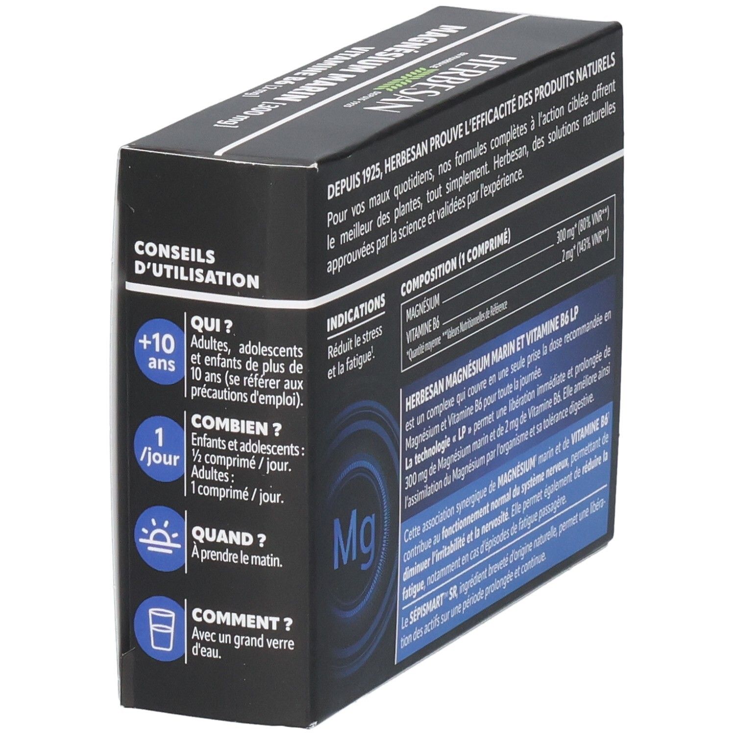 Vue latérale de la boîte Herbesan Magnésium Marin Vitamine B6, conseils d'utilisation.
