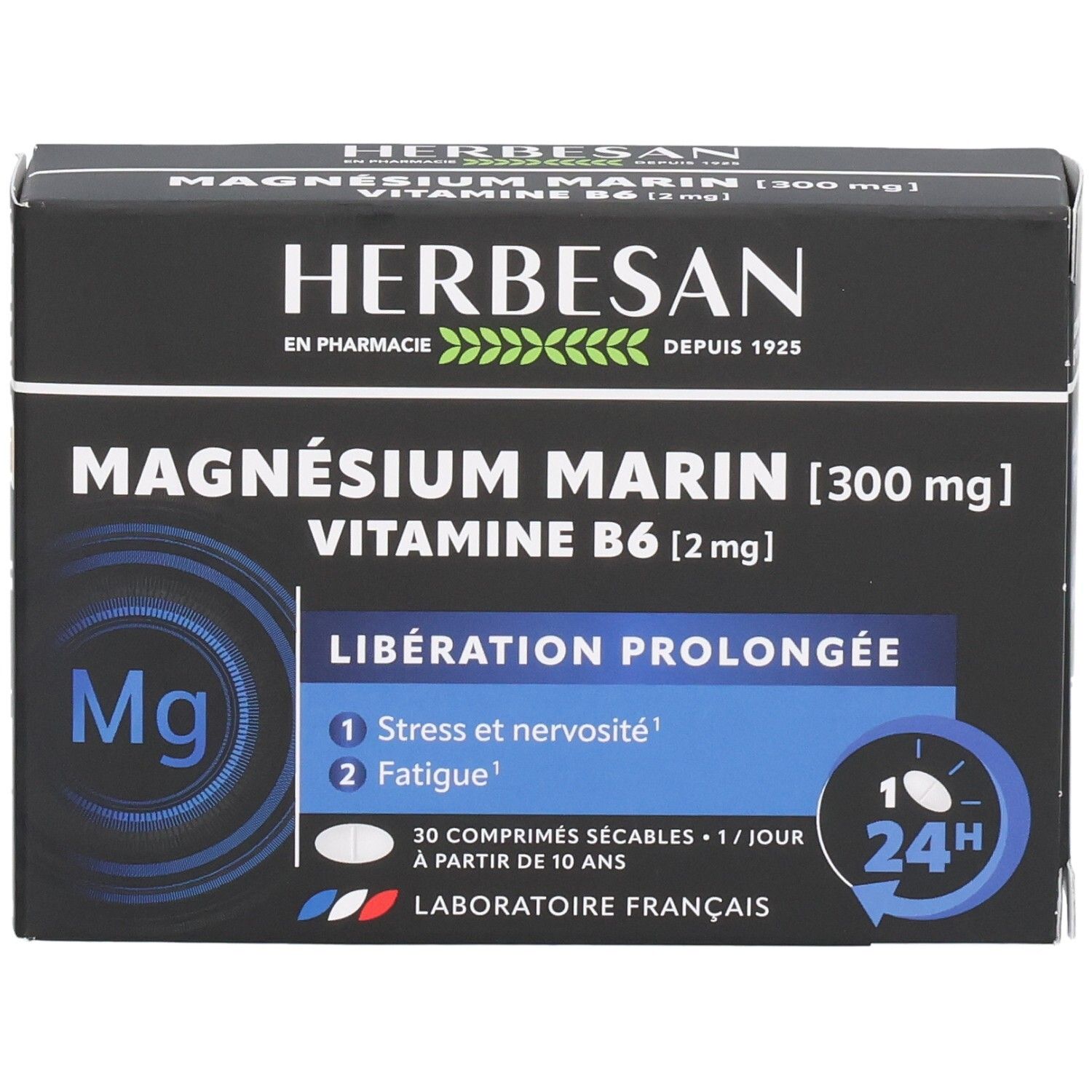 Face avant de la boîte Herbesan Magnésium Marin Vitamine B6, 300 mg magnésium, 2 mg vitamine B6, 30 comprimés.