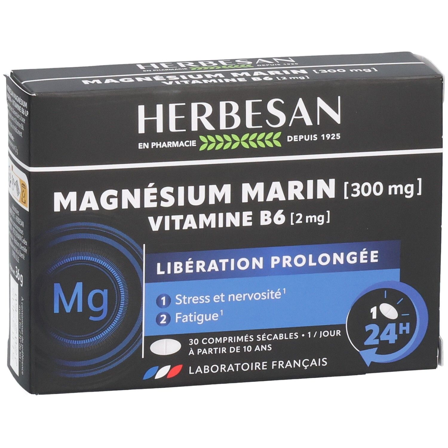 Face avant de la boîte Herbesan Magnésium Marin Vitamine B6, 300 mg magnésium, 2 mg vitamine B6, 30 comprimés.