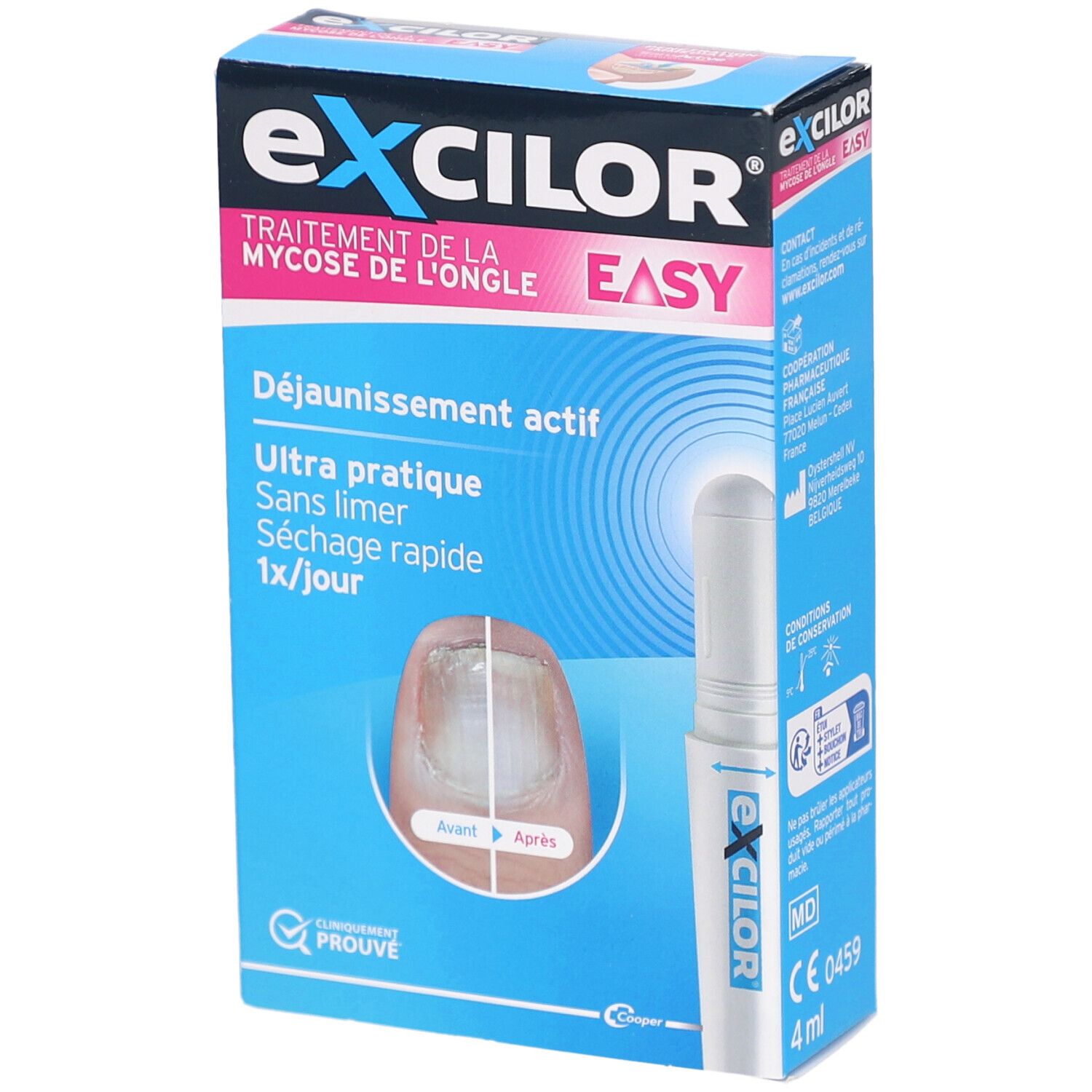 Boîte EXCILOR EASY, traitement de la mycose de l'ongle. Contient un flacon avec applicateur. Informations et image sur la boîte.