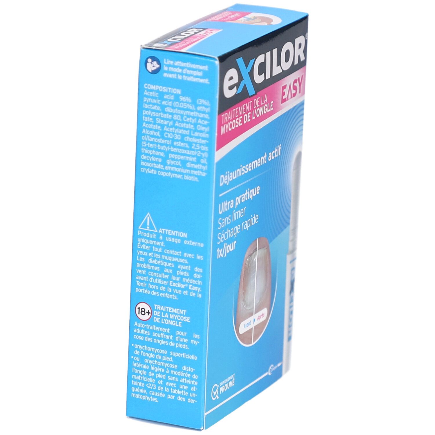 Boîte bleue EXCILOR EASY. Contient des informations sur la composition et des avertissements. L'applicateur est visible.