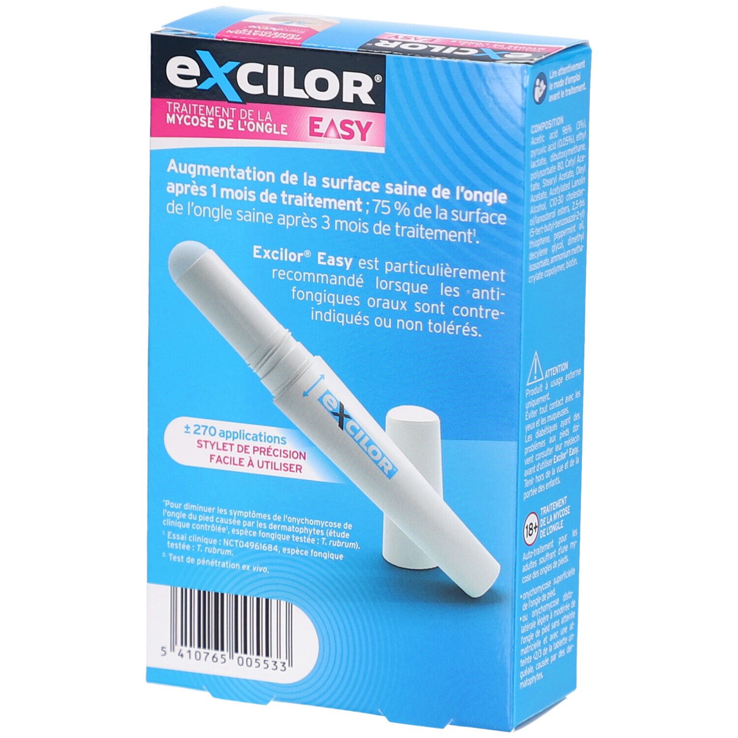 Boîte bleue EXCILOR EASY. Contient des informations sur l'efficacité et l'applicateur. L'applicateur est visible.