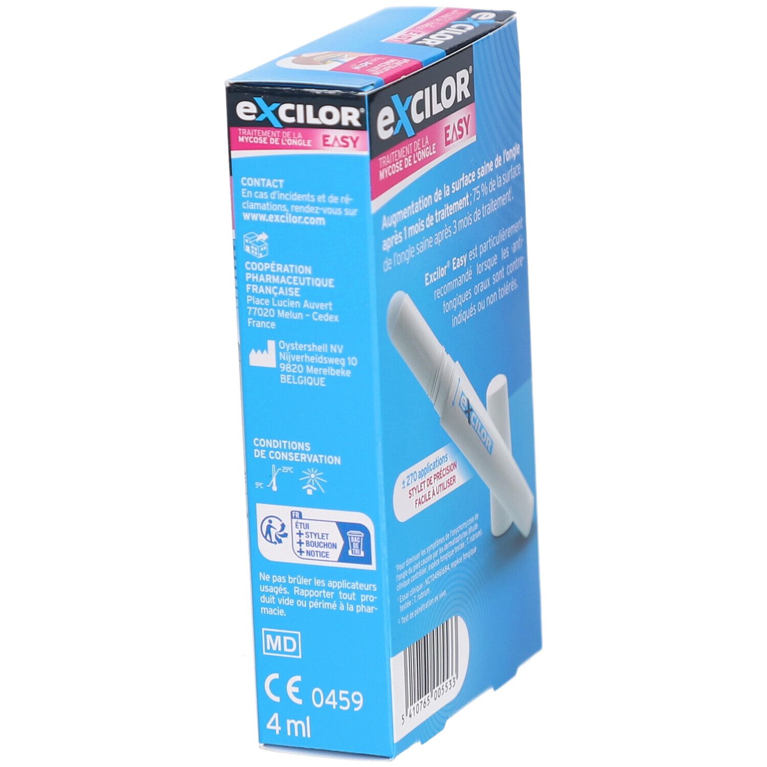 Boîte bleue EXCILOR EASY. Contient des informations de contact et de conservation. L'applicateur est visible.