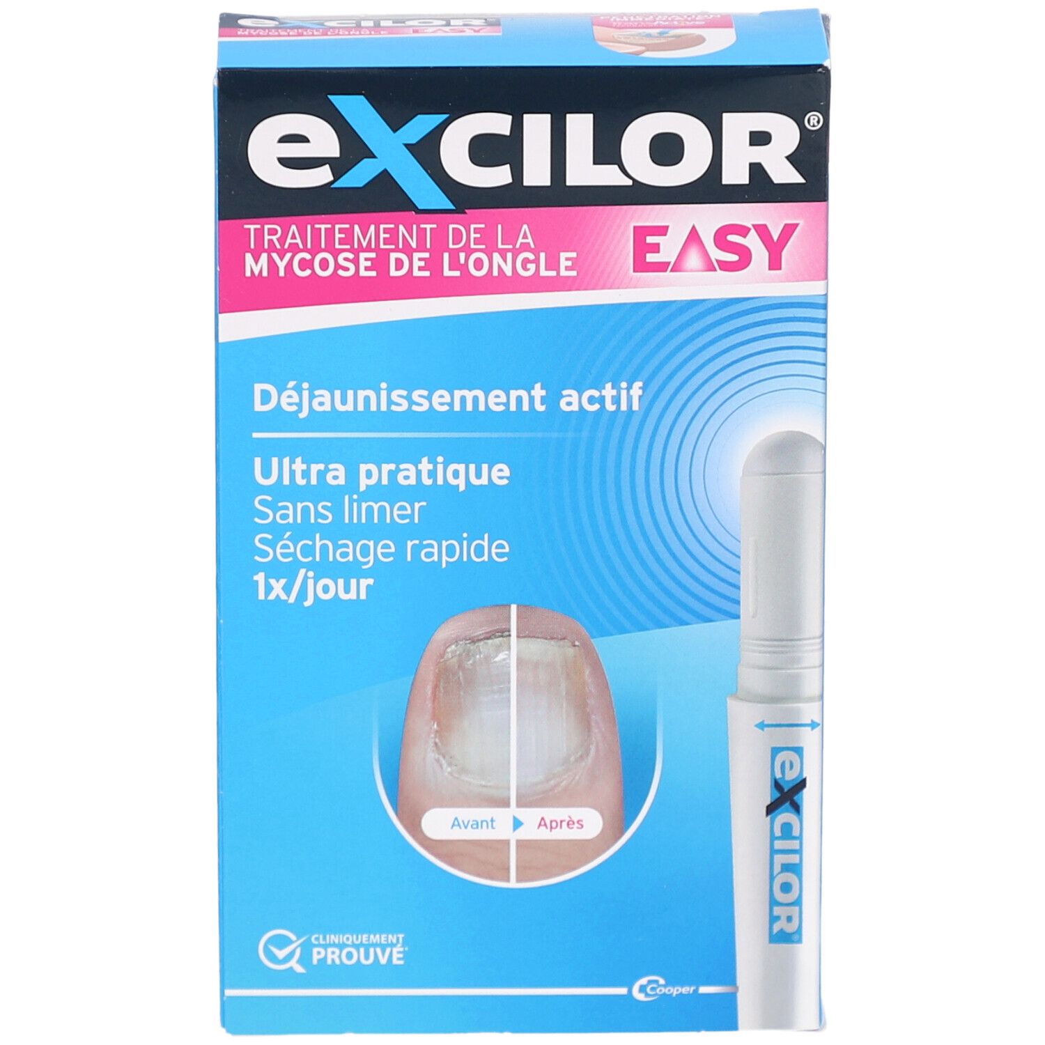 Boîte EXCILOR EASY, traitement de la mycose de l'ongle. Contient un flacon avec applicateur. Informations et image sur la boîte.