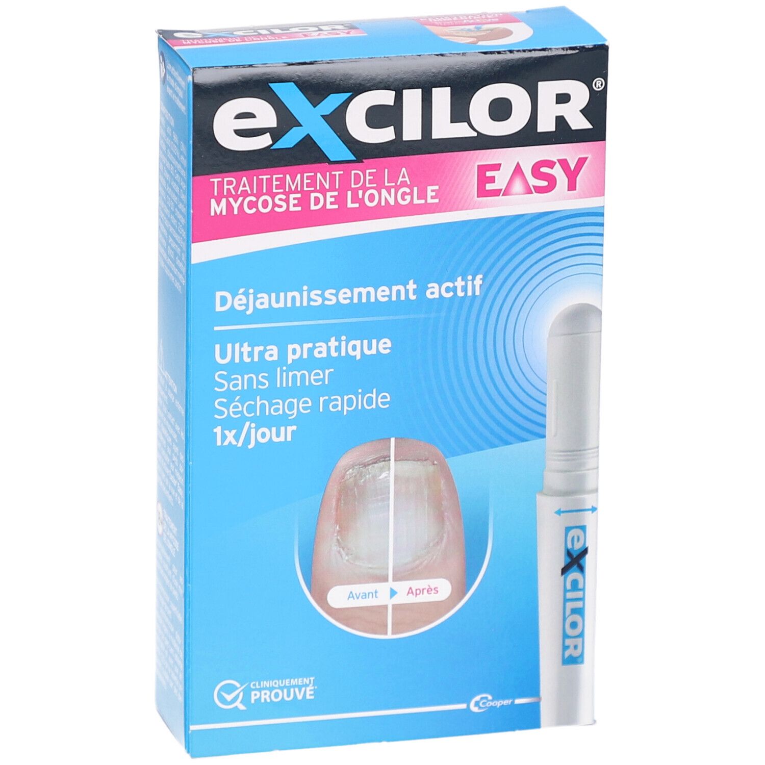 Boîte EXCILOR EASY, traitement de la mycose de l'ongle. Contient un flacon avec applicateur. Informations et image sur la boîte.