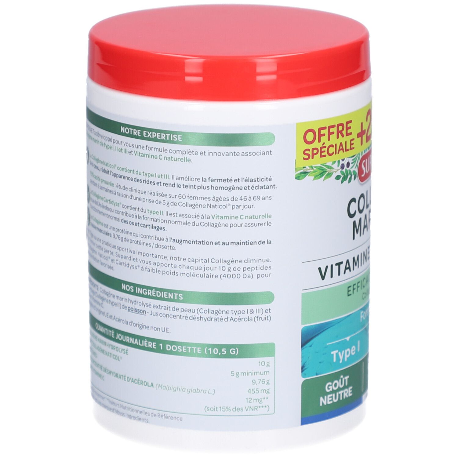 Dos du pot blanc avec couvercle rouge. Texte sur les ingrédients et l'utilisation. Étiquette verte et blanche.