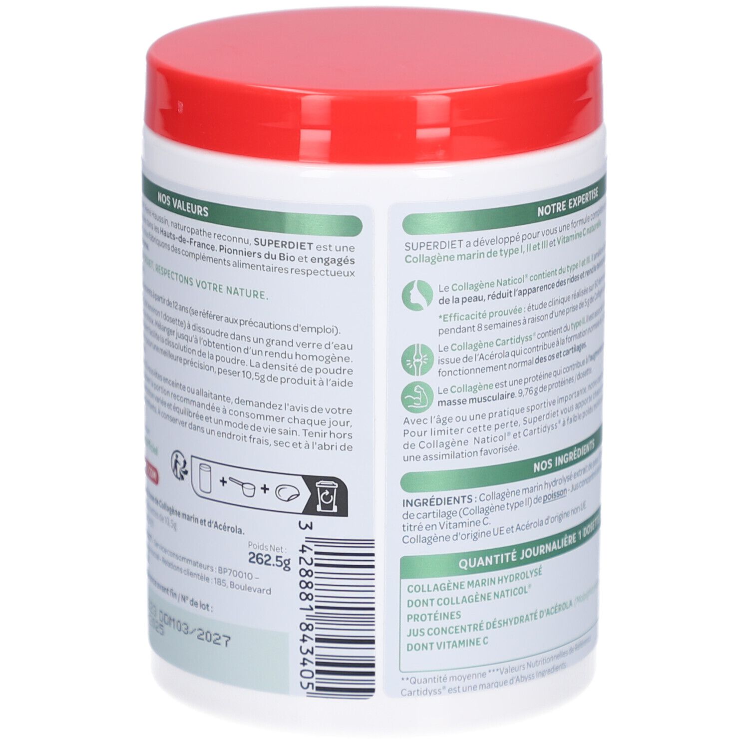 Dos du pot blanc avec couvercle rouge. Texte sur les ingrédients et l'utilisation. Étiquette verte et blanche.