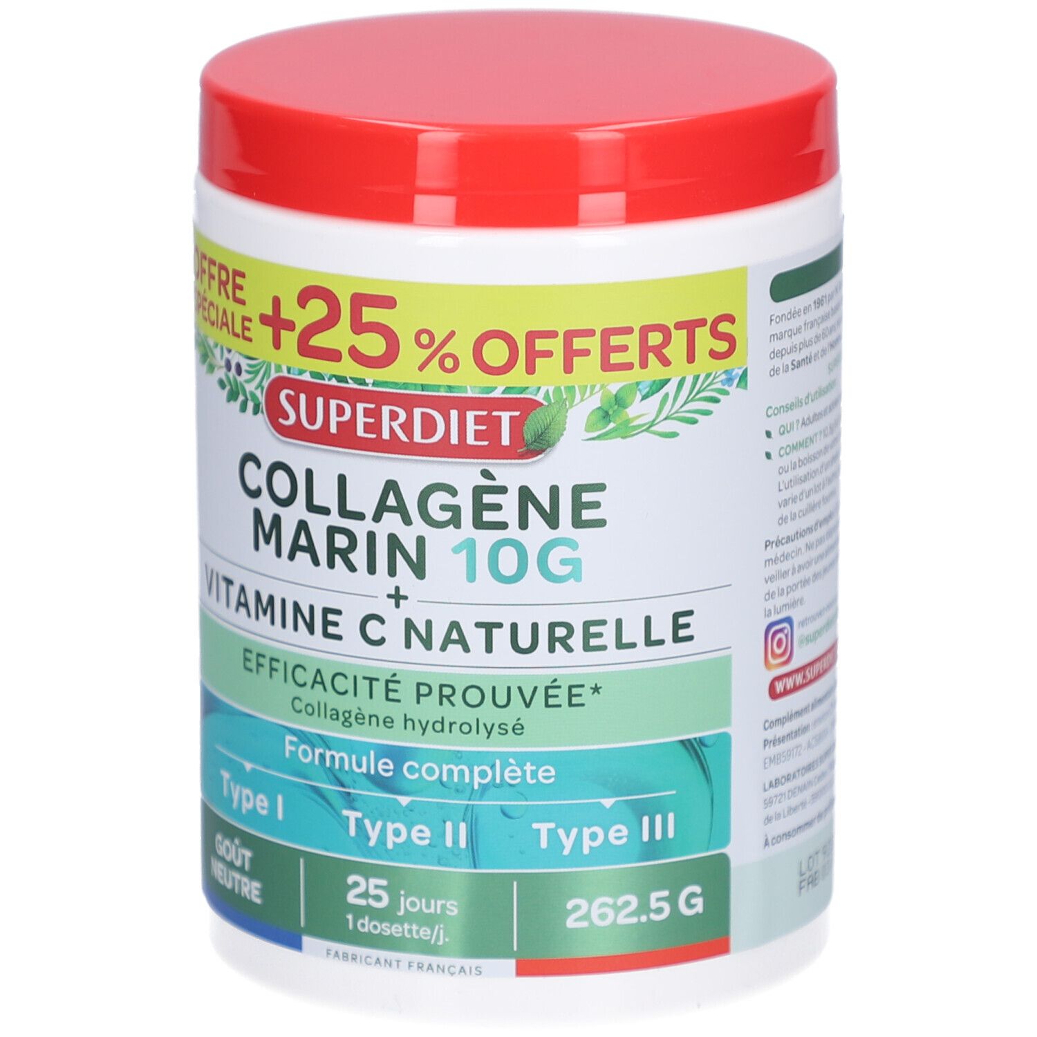 Pot blanc avec couvercle rouge. Inscription: SUPERDIET COLLAGÈNE MARIN 10G + VITAMINE C NATURELLE. Étiquettes vertes et blanches.