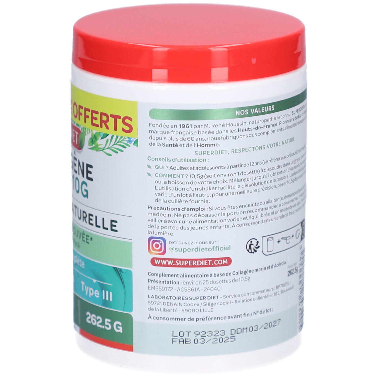 Dos du pot blanc avec couvercle rouge. Texte sur les ingrédients et l'utilisation. Étiquette verte et blanche.