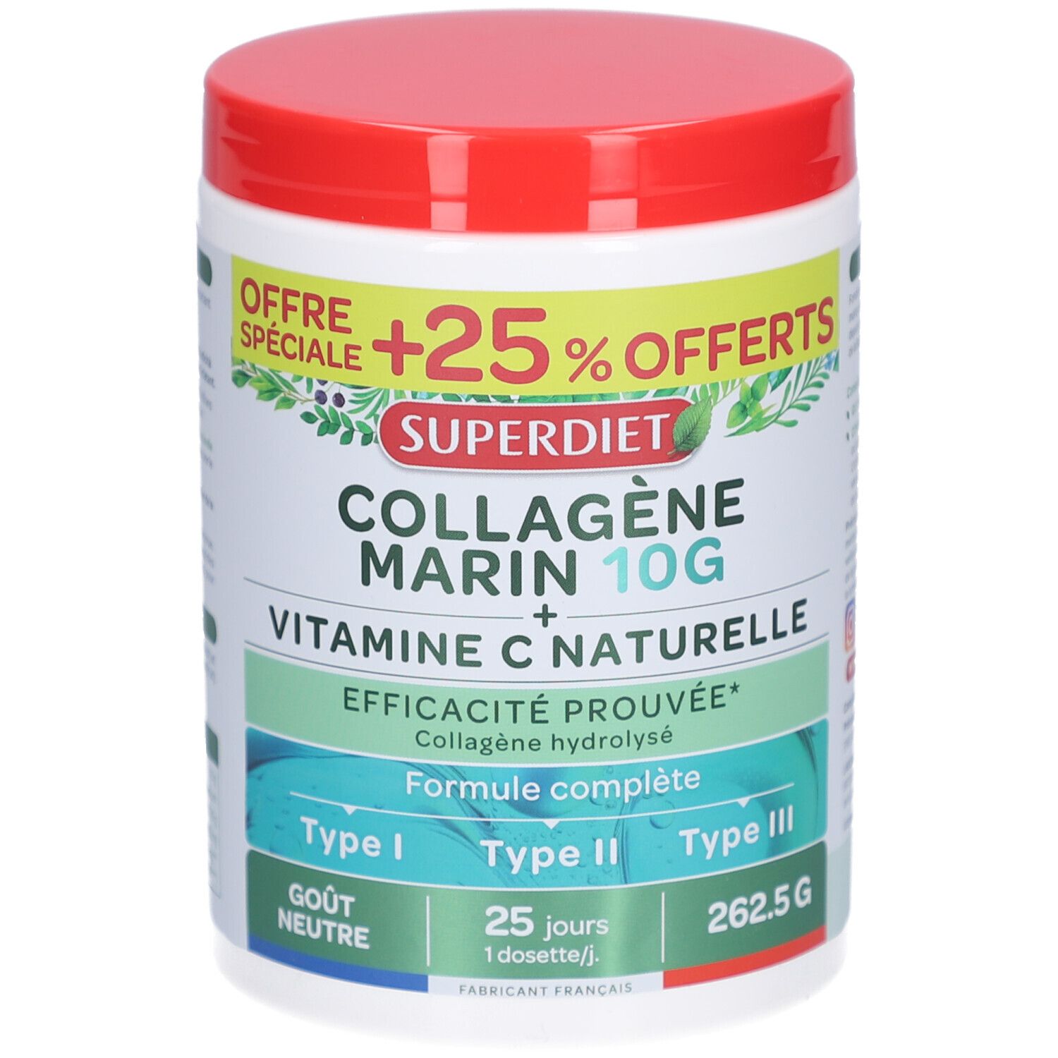 Pot blanc avec couvercle rouge. Inscription: SUPERDIET COLLAGÈNE MARIN 10G + VITAMINE C NATURELLE. Étiquettes vertes et blanches.