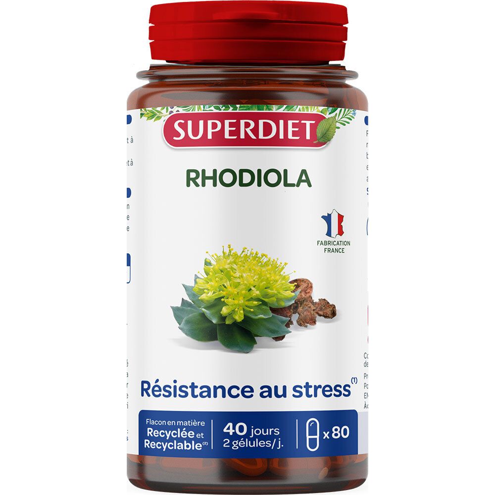 Flacon Superdiet Rhodiola à bouchon rouge. Montre une plante et "Résistance au stress".