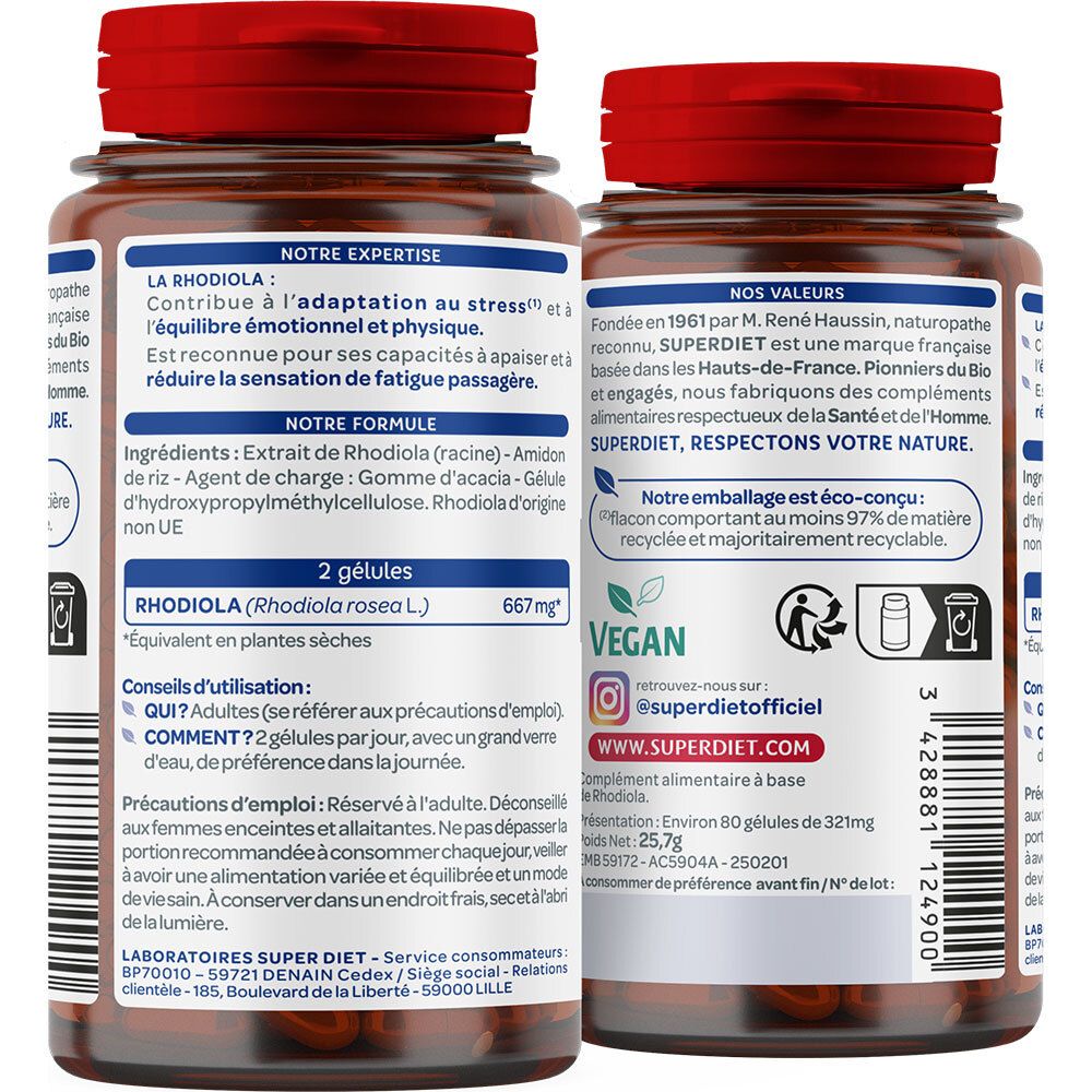 Arrière d'un flacon Superdiet Rhodiola avec informations détaillées et sceau vegan.