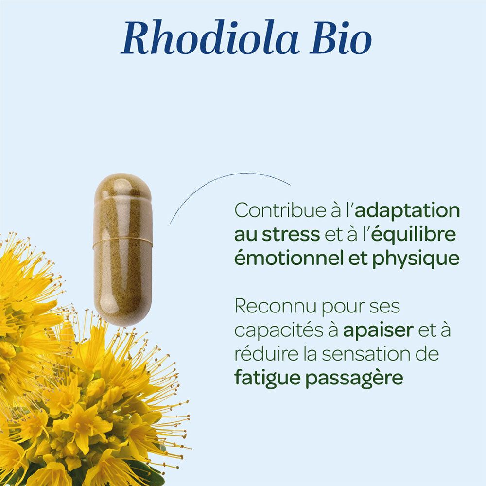 Une capsule Superdiet Rhodiola seule, à côté de fleurs jaunes et de texte sur la résistance au stress.